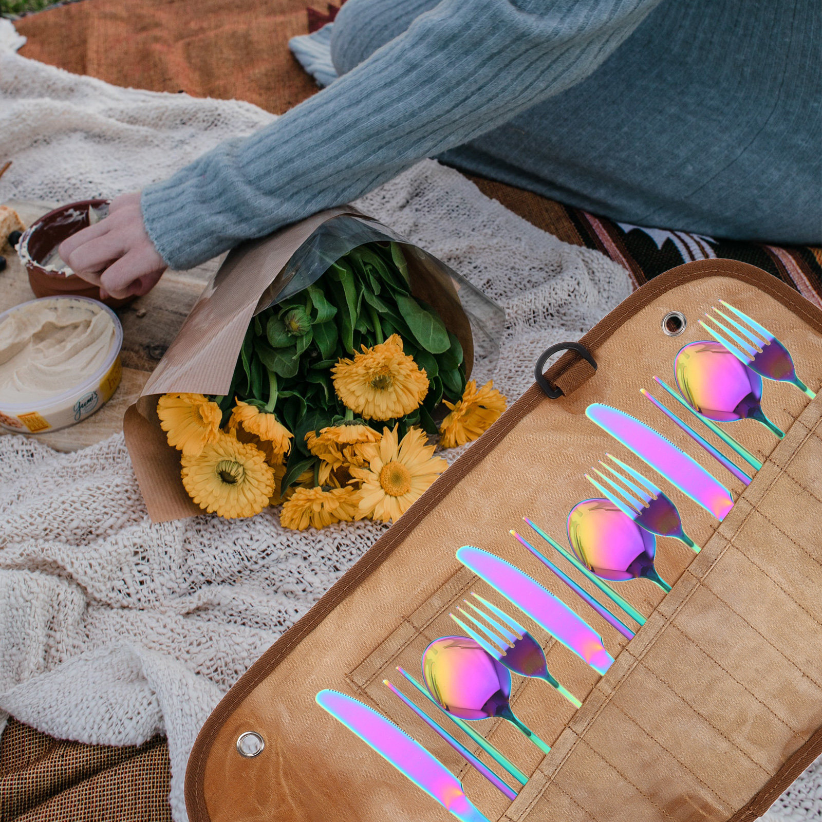 Outdoor Camping Utensils - Portable Canvas Roll Up Utensil Organizer